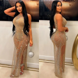 Sleeveless Hot Drill Mesh Split Maxi Dress BY-6733
