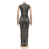 Sleeveless Hot Drill Mesh Split Maxi Dress BY-6733
