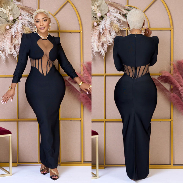 Solid Mesh See Through Long Sleeve Maxi Dress BY-6756
