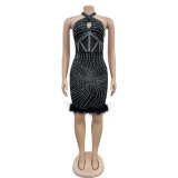 Solid Color Hanging Neck Hot Drill Mini Dress  BY-6729