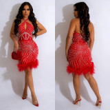 Solid Color Hanging Neck Hot Drill Mini Dress  BY-6729