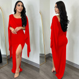 Solid Color Long Sleeve Split Pleated Long Dress BY-6772