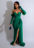 Feather Patchwork Long Sleeve Split Evening Dress AIL-261