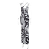 V Neck Backless Split Print Maxi Dress BLG-D3211850A