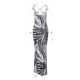 V Neck Backless Split Print Maxi Dress BLG-D3211850A