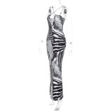 V Neck Backless Split Print Maxi Dress BLG-D3211850A