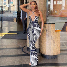 V Neck Backless Split Print Maxi Dress BLG-D3211850A