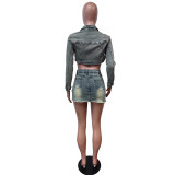 Fashion Denim Irregular Tops Two Piece Skirt Set MEM-88547