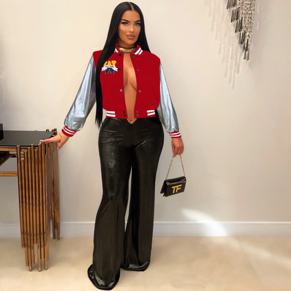 Embroidered Color Block Spliced Baseball Jacket MDF-5390