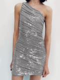 One Shoulder Mesh Stamping Slim Mini Dress ME-8481