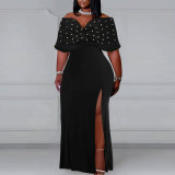 Plus Size Pearl Sleeveless One Shoulder Split Dress NY-3102
