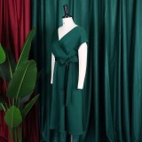 V-neck Solid Color Waisted Bow Tie Midi Dress GATE-A2-D3027C