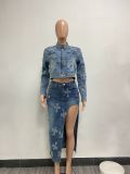 Fashion Embroider Long Sleeve Irregular Skirt Denim 2 Piece Set NYF-8159