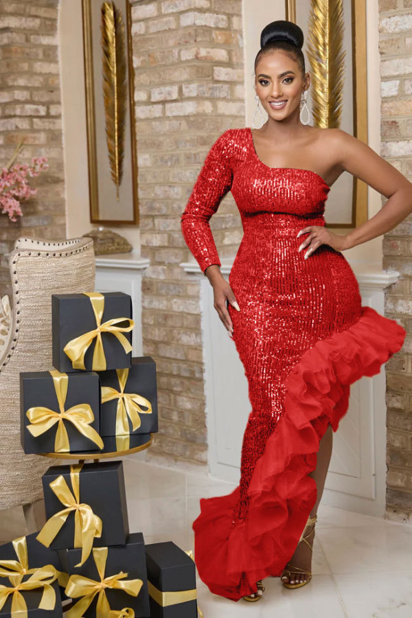 Sequin One-Shoulder Mesh Patchwork Irregular Dress NY-3115