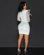 Hot Diamond Mesh Splicing V-neck Feather Mini Dress NY-3116