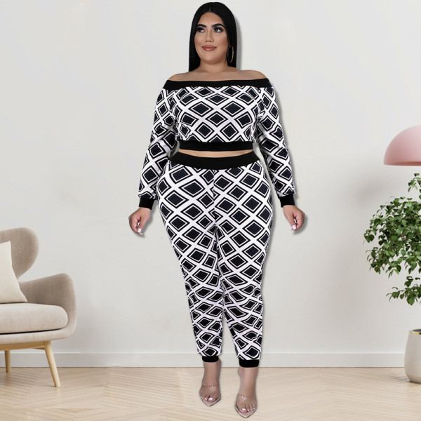 Plus Size Print One Shoulder Two Piece Pants Set GDAM-218259