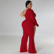 Plus Size Hot Drill Mesh Patchwork Single Shoulder Jumpsuit GDAM-218275