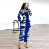 Print Long Sleeve Split Bodycon Dress NY-3136