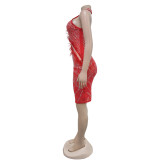 Sleeveless Mesh Hot Drill Feather Mini Dress BY-6815