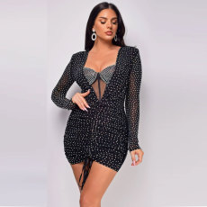 Rhinestone Drawstring False Two Piece See-Through Dress NY-3105