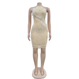 Sleeveless Mesh Hot Drill Feather Mini Dress BY-6815