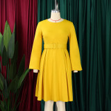 Long Sleeve O Neck Big Swing Midi Dress (With Waist Belt) GATE-D418