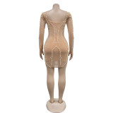 Mesh Hot Drill Long Sleeve Mini Dress BY-6777