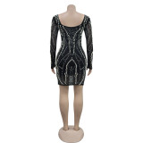 Mesh Hot Drill Long Sleeve Mini Dress BY-6777