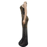 Hot Drill Mesh Halter Backless Maxi Dress BY-6811