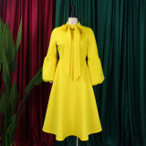 Tie Lantern Sleeve Bowknot Big Swing Midi Dress GMLF-B1-D427