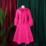 Tie Lantern Sleeve Bowknot Big Swing Midi Dress GMLF-B1-D427