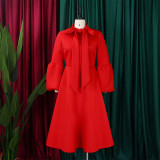 Tie Lantern Sleeve Bowknot Big Swing Midi Dress GMLF-B1-D427