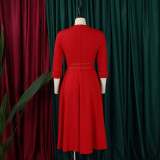 3/4 Sleeve Stand Neck Big Swing Midi Dress GMLF-D3222