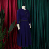 3/4 Sleeve Stand Neck Big Swing Midi Dress GMLF-D3222