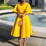 Flared Sleeves V-neck Big Swing Midi Dress GMLF-D3191