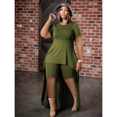 Plus Size Solid Color Short Sleeve Casual Two Piece Short Set QYXZ-9973