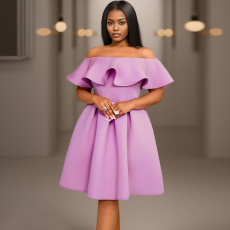 Plus Size Solid Off Shoulder Ruffled Big Swing Midi Dress GKEN-AM040113