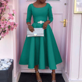 Solid Color O Neck Big Swing Midi Dress GATE-D346