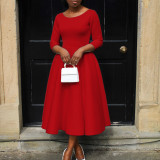 Solid Color O Neck Big Swing Midi Dress GATE-D346