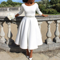 Solid Color O Neck Big Swing Midi Dress GATE-D346