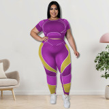 Plus Size Sport Patchwork Short Sleeve Tight Yoga 2 Piece Set GDAM-218123