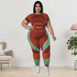 Plus Size Sport Patchwork Short Sleeve Tight Yoga 2 Piece Set GDAM-218123