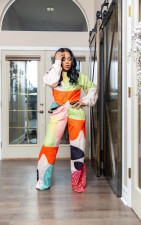 Color Contrast Patchwork Print Two Piece Pant Set GRNH-Q5705