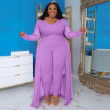 Plus Size Solid Long Sleeve Patchwork Slim Jumpsuit NNWF-7970