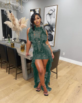 Sleeveless Lace Ruffled Neck Irregular Dress YD-1055