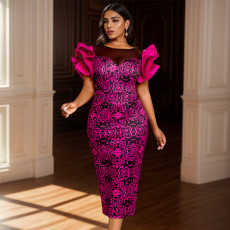 Plus Size Mesh Patchwork Petal Sleeve Printed Dress GKEN-AM040101