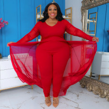 Plus Size Solid Long Sleeve Patchwork Slim Jumpsuit NNWF-7970