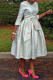 O Neck Tie Up Print 3/4 Sleeve Midi Dress BGN-0011