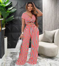 Stripe Print Tie Up Loose Two Piece Pants Set AIL-207