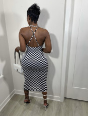 Plaid Print Sling Backless Midi Dress BGN-158